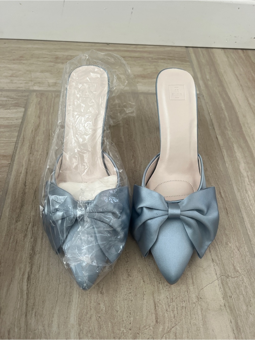 Light Blue Satin Pointed-Toe Mule with Bow - Picture 4 of 5